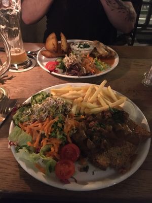 Vegan schnitzel in the front (non-vegan dish in the back) at Feldstern in Hamburg