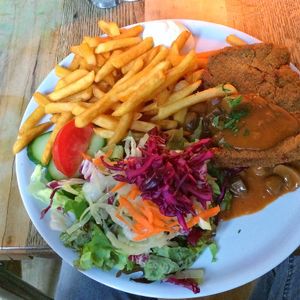 Soy schnitzel with fries at Feldstern, Hamburg.  at Feldstern in Hamburg