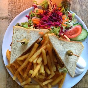 Vegan club sandwich with fries and salad at Feldstern, Hamburg at Feldstern in Hamburg