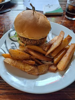 Pea and spinach vegan burger at Black Horse Hotel in Otley