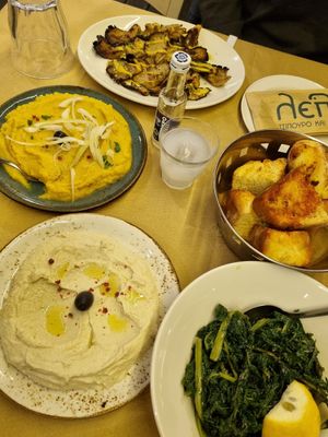 fava (yellow split peas puree), Skordalia (garlic sause), seasonal greens and roasted mushrooms at Lepi in Volos