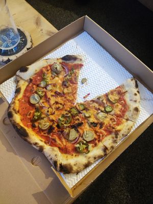 V people's pizza - sausage, gherkins, jalapenos, ketchup and mustard at The Dough Guys in Stockport