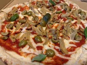 Margherita with chicken seitan & olives at Diego's Joint in Sunderland