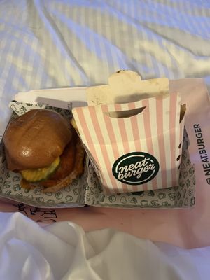 Buffalo chicken sandwich and fries  at Neat Burger - Nolita in New York City