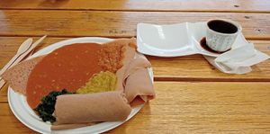 The vegan plate and clay pot coffee. at Eat Enjera  in Melbourne