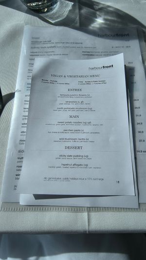 Vegan menu as at August 2025 at Harbourfront Seafood Restaurant  in Wollongong