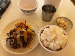 Fried eggplants (small) and rice  at Banpin 반핀 in Busan