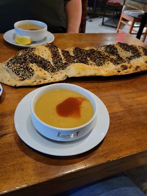 Lentil soup is served with bread and spices on the side. It is phenomenal! at Rumist in Istanbul