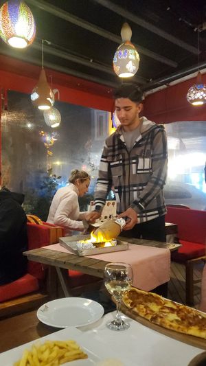 Fire show for clay pot dish at Rumist in Istanbul