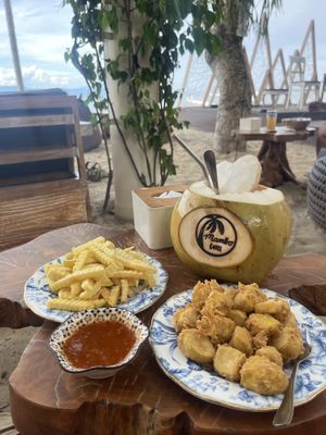 Fried tofu and chips  at Mambo Beach Resort in Penida Island