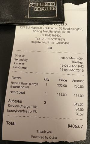 7% tax and a 10% service charge is added onto the bill  at Honey Bear Bistro in Bangkok