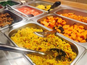 Vegan buffet with hot dishes at Fennel Organic Eatery in Toronto