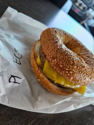 Sausage, egg, and cheese bagel at Jet Black Coffee Company - Concordia in Portland