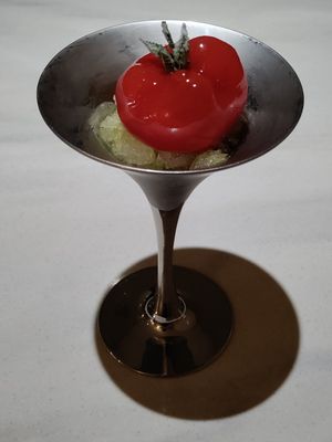 The Bartender: reconstructed tomato on celery ice at Curious Table in Taipei