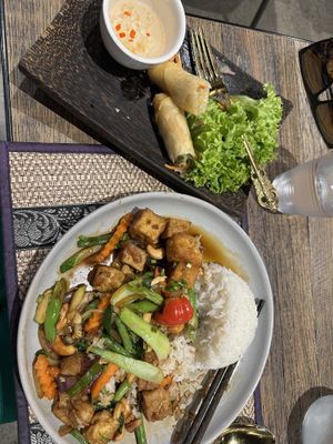 I forgot to take pic until I was already eating. There were 6 spring roll pieces to start, and also more rice and stir fry than in pic  at The Diversity Restaurant in Christchurch