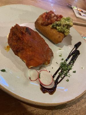 Mexican platter - vegan enchilada and chimichanga  #Veganuary at Tia's Mexican and Mediterranean Restaurant in Durham
