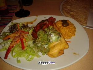 Vegan chimichanga and vegan garlic bread. at Tia's Mexican and Mediterranean Restaurant in Durham