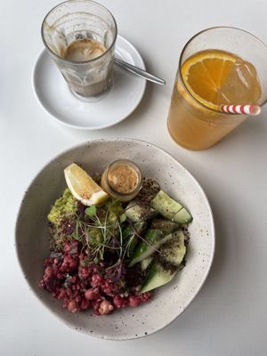 Build your own bowl:avo, za’tar cucumber, beetroot chickpeas and buckwheat, freekah base with cashew cream cheese  at Terror Twilight in Collingwood