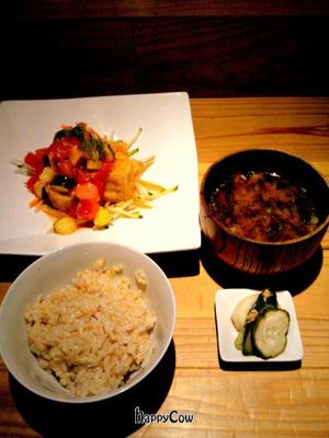 Brown rice, crispy tofu cubes in tomato sauce, miso soup, pickles at Tamana Shokudo in Tokyo