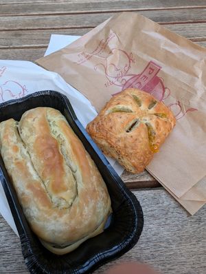 Fake meat burek, peach and chia pastry at Pekarna Peçjak  in Ljubljana