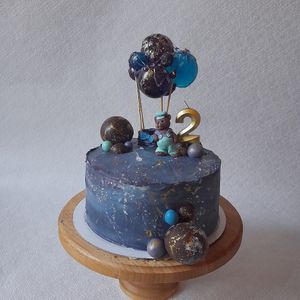 Cake with sugarpaste figures, isomalt balloons and chocolate balls at VeganFox Cakes - Pre order Only in Moscow