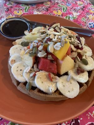 Waffle with fresh fruit, nuts and chocolate   at Earth Tone in Pai