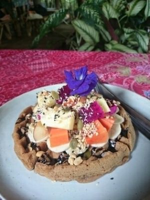 Buckwheat waffle with Fruit, nuts and chocolate sauce. All vegan. All delicious  at Earth Tone in Pai