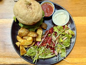 The tempeh burger (200 THB)  at Earth Tone in Pai