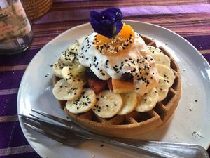 Look at this beauty! 110B delicious waffle with coconut kefir and fruits  at Earth Tone in Pai