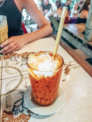 Iced Thai tea with coconut milk at Earth Tone in Pai