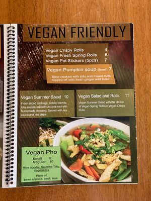 Vegan menu at Pho 75 in Windsor Locks