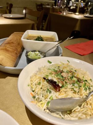 Coconut and lime rice with dosa at the back  at Lavendra in Lavender Bay