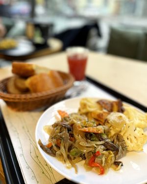My lunch: fried oyster mushrooms with peppers (actually bunch of half-raw onions), baked potatoes with cauliflower, bread and lemonade. And just only lemonade was ok. at Art Lunch - Nalbandyan St in Yerevan