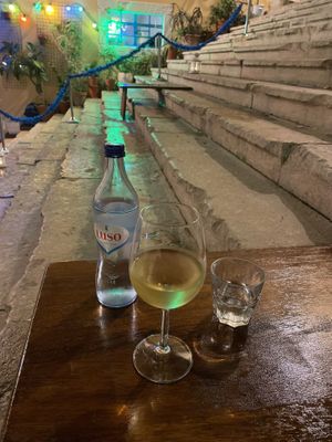 Vinho verde and still water  at The Food Temple in Lisbon