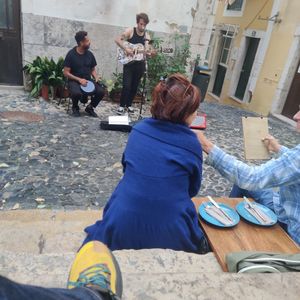 Live music! Cool seats on the steps at The Food Temple in Lisbon