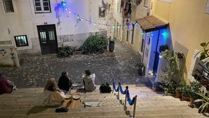Seating on the stairs  at The Food Temple in Lisbon