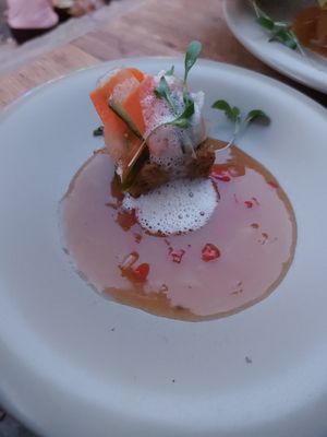 panissa: chickpee fritter with pirão sauce at The Food Temple in Lisbon
