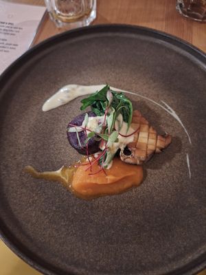 Passion Touch - Carrot , orange & ginger purée , purple sweet potato , eryngii mushrooms sautéed in butter , turnip greens , passion fruit sauce at The Food Temple in Lisbon