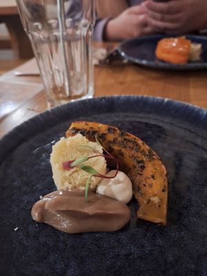 Hokkaido marinated , Couscous and mayonaise , nutmeg & chestnut cream at The Food Temple in Lisbon