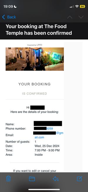 confirmation on Friday, 15 Nov at 11:28 at The Food Temple in Lisbon