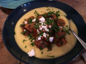 polenta with mushrooms and vegan feta at The Food Temple in Lisbon
