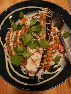 aubergine, lentil stew at The Food Temple in Lisbon