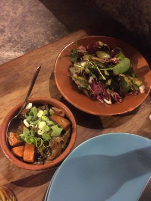 Asian carrots with shitake, nori and hoisin. Roasted vegetable salad.  at The Food Temple in Lisbon