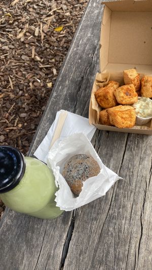 Matcha soy milk, tofu black sesame donut, tofu nuggets  at Tofu Shoten 豆腐商店 in Brunswick