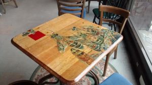 Fofest cafe hand painted table. at The Forest Cafe in Edinburgh