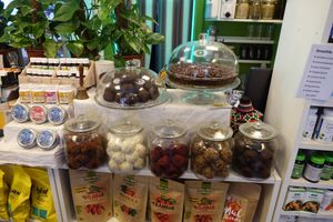 Raw desserts sugar free and gluten free. Most of them are also nuts free. at Bliss Cafe in Stockholm