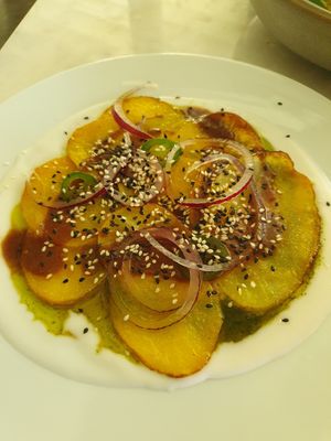 Predish with potatoes, yoghurt and onions at Wild Food in Barcelona