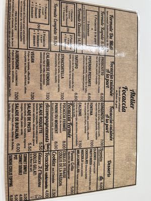 Menu  at L'Atelier Focaccia in Dijon