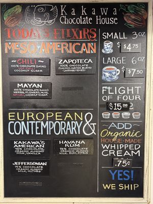 Drinks menu  at Kakawa Chocolate House in Santa Fe