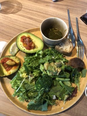 Vegan green salad with soup and two sides of avocado (you pay extra)  at Grill & Deli LAVE in Hiroshima